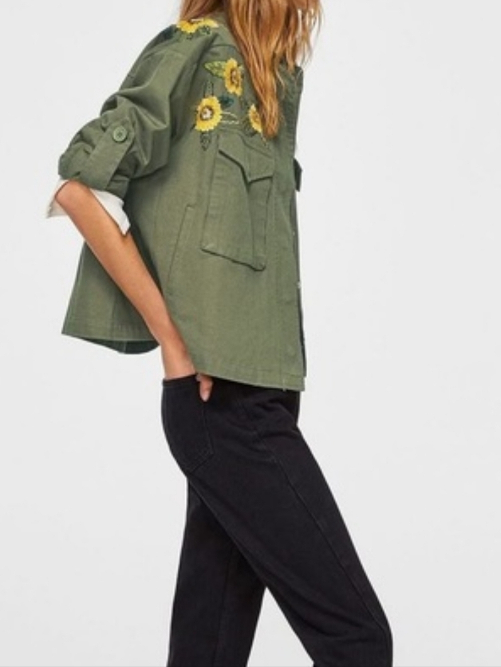 Mango Embroidered Utility Jacket Olive Floral Military Boho S - Picture 3 of 12